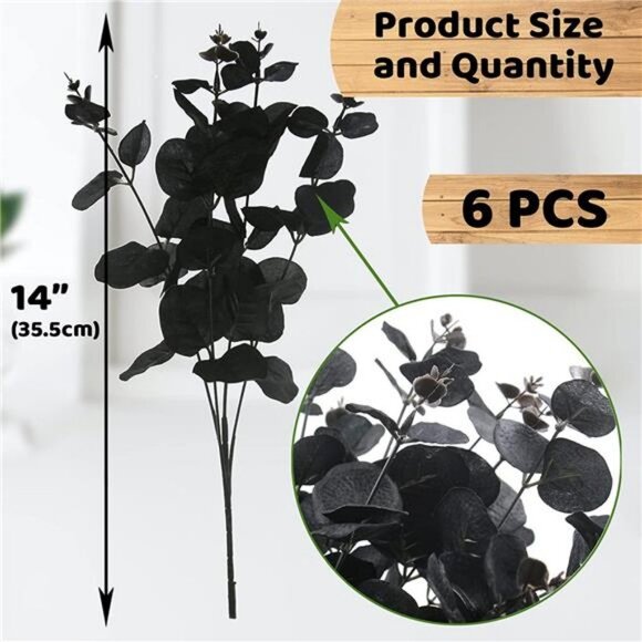 6 Pcs Artificial Black Eucalyptus with Stems, 14", Black Silk - Picture 3 of 7